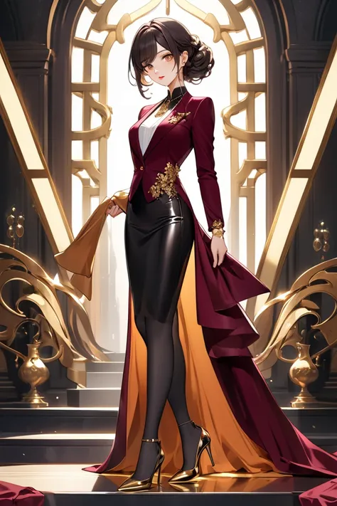  A 25-year-old young man,  Lian Jang looked dazzling in a velvet suit burgundy ,  with many gold ornaments and a syrup that almost seemed to fly ,  perfectly adjusted to her slender silhouette .  The rich and soft fabric captured light in an elegant way , ...