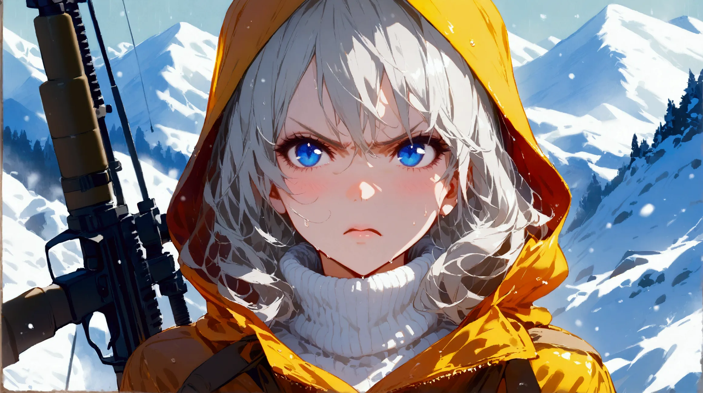 girl with silver hair , with blue eyes ,  in a off-the-shoulder turtleneck ,  in a warm hooded raincoat  , behind him is a snipe...