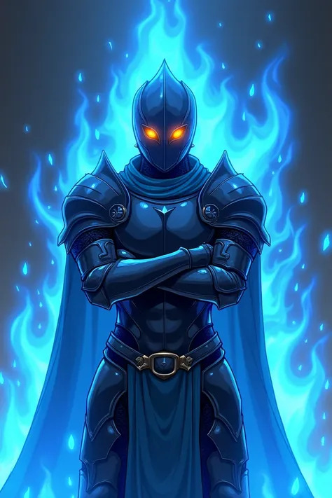 Blue Fire Knight with black armor with arms crossed with bright orange eyes anime style 