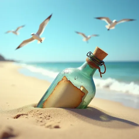 Message inside a bottle, washed up on a sandy beach