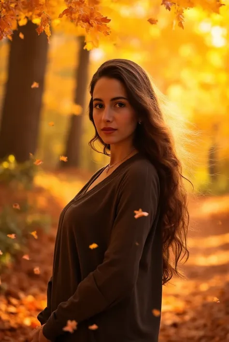 A beautiful 30-year-old woman with brown hair and almond-shaped eyes, standing amidst a vibrant autumn forest. She is surrounded by golden, orange, and red leaves, some gently falling around her. The soft sunlight filters through the trees, creating a warm...