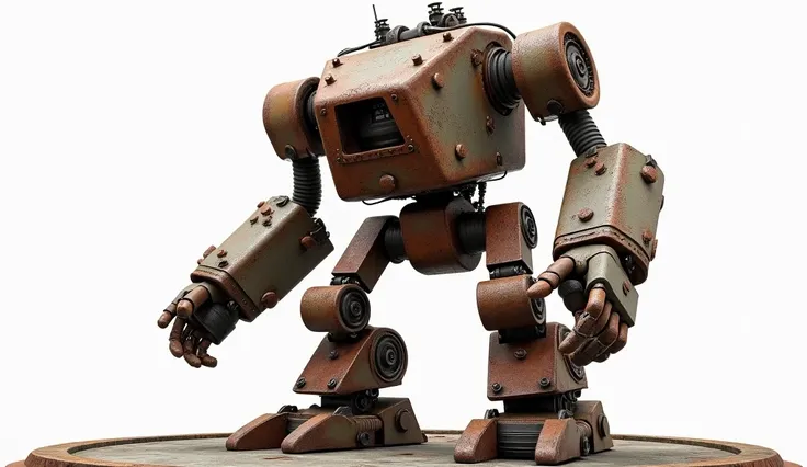 IN A 3D REPRESENTATION RENDERING ON A WHITE BACKGROUND, HIGHLY DETAILED an evil, clumsy and rusty war robot from 1930