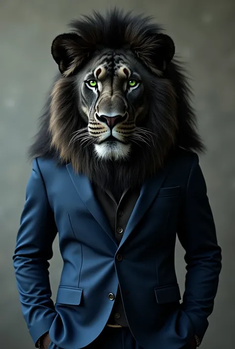 Black lion, with green eyes, striking look, blue suit, business