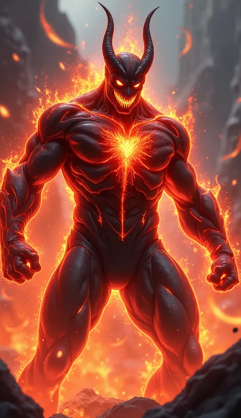 Ultra detailed Lava Demon Fighter!, Lava Demon super fighter, the Lava Demon has a transparent superhero costume and dark lava flows are visible inside, ((In the chest of the Lava Demon)) ((dark scarlet blazes)) ((fiery heart)), full body, lava streaks fro...