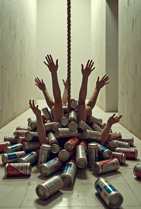 Linear perspective of a pile of beer cans on the floor with hands coming out trying to grab a rope