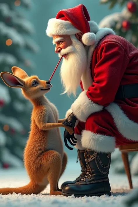 Kangaroo licking Santa Claus feet 