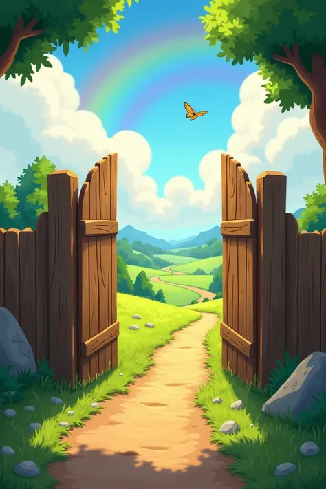 Sky on rainbow and some clouds and grass place old wood making village gate open  like cartoon and stone grass on floor and mud road open wide. After gate wide area present grass some small stone grass and butterfly.