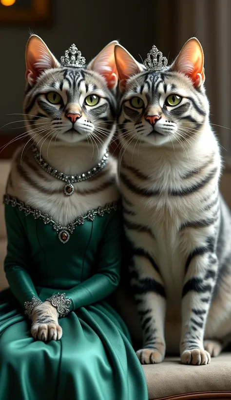 Two anthropomorphic cats with sleek, silvery-gray fur and elegant, symmetrical tabby markings sit side by side, radiating a regal and poised demeanor. Their faces are expressive, with slightly raised eyebrows that give them a confident and aristocratic air...