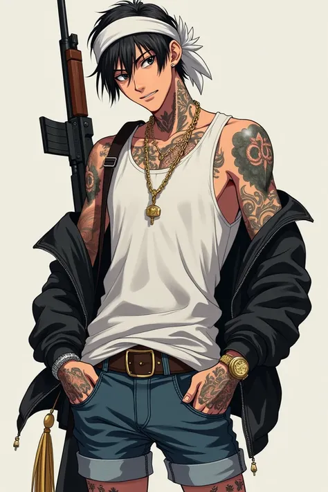 A white boy wearing a beanie tattooed on his arm leg and neck with black hair ,  white headband with rifle hanging around his body and white tank top with black velvet jacket ,  brown and a mockery face with denim shorts and gold cord and gold watch
In ani...