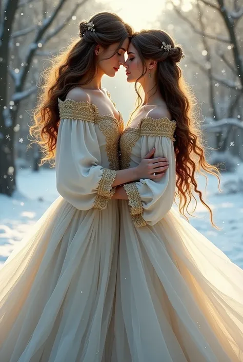 Full-length couple, brown hair, white winter dress with medieval gold, falling snow, Christmas, romantic atmosphere, complex brush strokes, beautiful lighting, color grading, Unreal Engine, creative, expressive, digital art, Adobe Photoshop, well-developed...