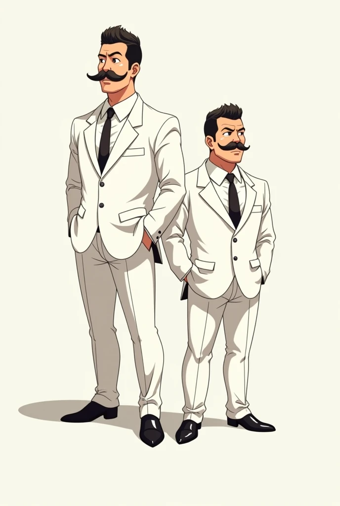 Create an anime image of two men in white suits, one tall with a thick mustache and large hair and the other short with a fart and a failed mustache..