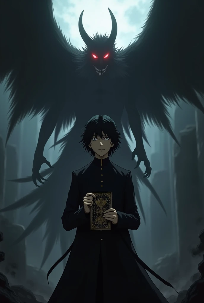 Kira holding a death note with Ryuk in the background ,  Ryuk must have bright red eyes and must be floating
