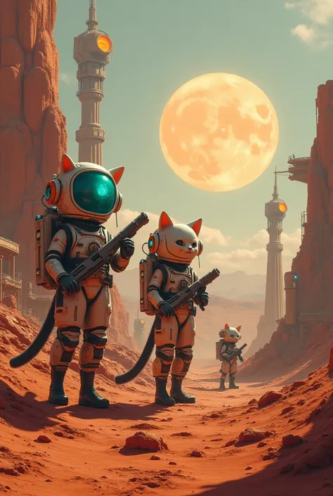 Humanoid cats and alien beings working together on the surface of Mars to construct advanced infrastructure. The cats, wearing futuristic spacesuits, operate machinery, while the aliens use glowing tools and technology. Martian buildings rise around them, ...