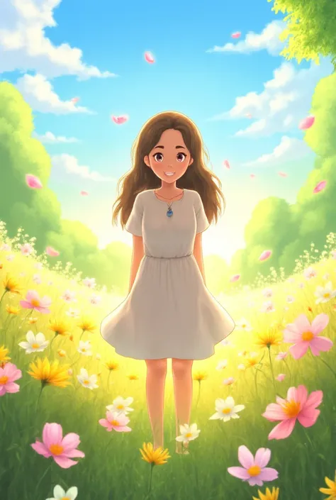 A radiant 30-year-old woman with brown hair and almond-shaped eyes, standing in a blooming spring meadow. She is surrounded by vibrant flowers in shades of pink, yellow, and white, with petals gently floating in the air. The soft sunlight bathes the scene ...