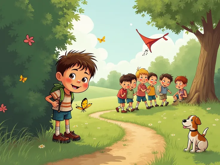 Georgie Porgie, a boy with a cheeky grin, hiding behind a bush as a group of boys and girls play nearby. He has a playful expression and is peeking out, with his shoelaces untied and a butterfly resting on his shoulder. The scene is filled with colorful de...