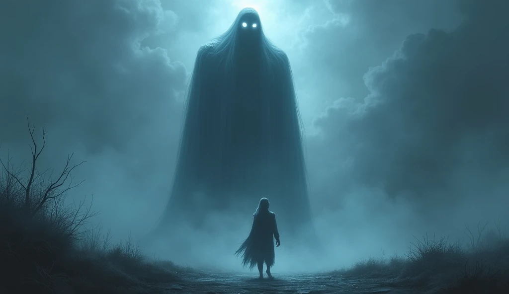 The Icy Shadow Appears:
"A tall, ghostly figure emerges from the mist. Its form is dark, with icy, glowing white eyes and an ethereal, chilling presence, moving closer to Zahra, who looks terrified." Horrible view 