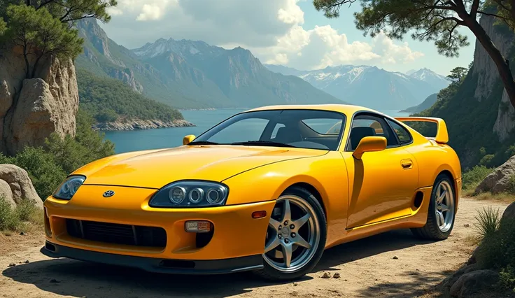 Generate realistic image of 1993  Toyota Supra Twin lightening Yellow colour  interior view in different landscape