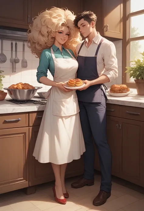 a beautiful woman, she is wearing a dress shirt, apron and pants, big hair  she is preparing food in a kitchen, full body, estilo manhwa, style manga