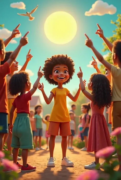 3d, render, The mix  villagers (american + African american ) loved how Juliana’s smile brought out the cartoon sun. “Oh, look at the bright day! It must be Juliana’s doing!” they would say. Flowers bloomed, birds chirped, and the world felt alive. Illustr...