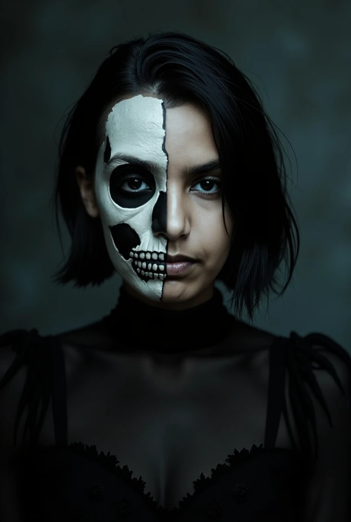 frontal photo of a 35-year-old woman, half skull face.  black clothes .  short black hair . death style, grammatical, realistic, lens blur, canon r5 50 mm, professional portrait, dramatic and dark background , black lipsticks colour 