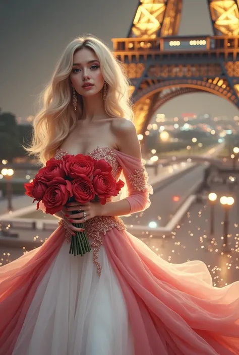  gorgeous blonde in a long red dress with a slit,  dress with the Eiffel Tower in the background ,  in her hands a bouquet of scarlet peonsnight , lights, stars , magic,Shine,  realistic, 8k, HD, romantic