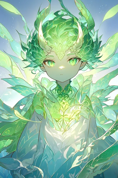 "A young dragon-like humanoid boy with a wind theme. He has a humanoid appearance with soft, light blue scales scattered across his body, shimmering gently in the light. His small, elegant horns curve slightly backward, giving him a noble look. His eyes ar...