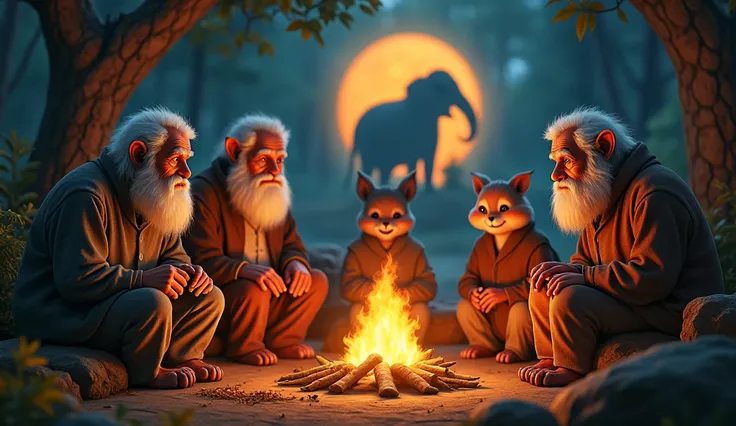 The Tale Being Told
A fireside scene where different animals elders gathered, narrating the story of Elephant and the Hare to a circle of young different animals, the silhouettes of the Hare and Elephant glowing in the background.