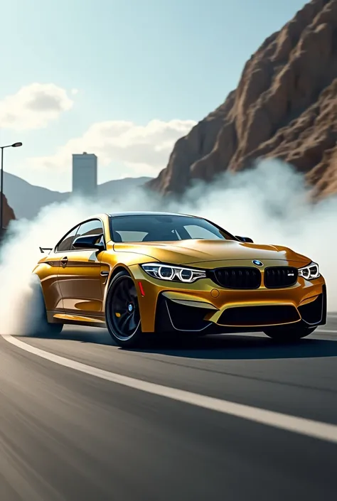 Golden BMW m4 drift sideways
