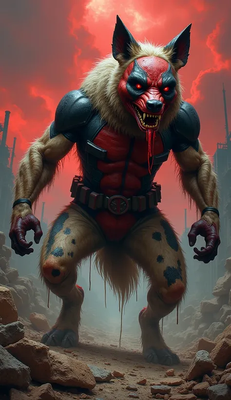 Show a grotesque hybrid of Deadpool and a hyena, with patchy fur, jagged teeth, and Deadpool’s iconic mask stretched over its distorted face. The background is a chaotic wasteland filled with broken debris and ominous red clouds.