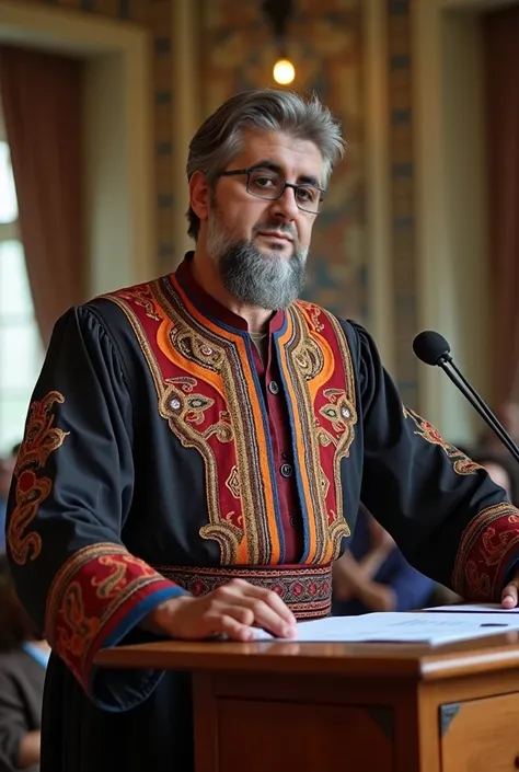 A close-up of a 45-year-old man in a beautiful local Kurdish dress with a shawl tied around his waist, standing behind a lecture table with a microphone in front of him, giving a speech in a beautiful setting.