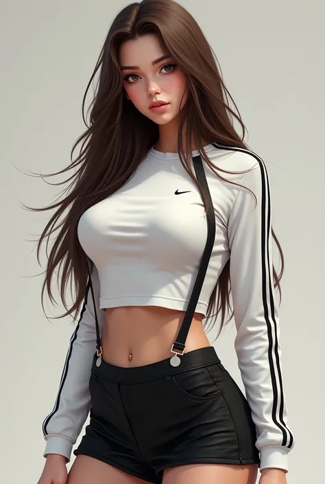 Mimo girl with brown hair ,  with long sleeve white t-shirt with black stripes and neckline,  black mini skirt with straps and huge breasts 