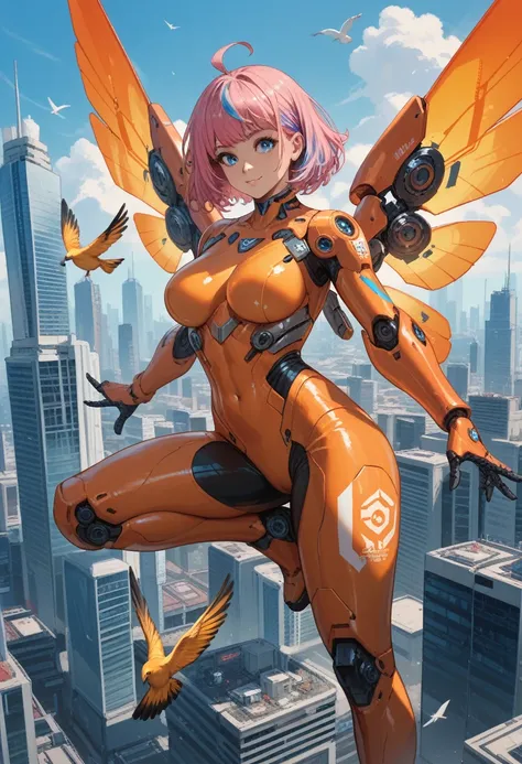 Pink hair, blue streaked hair, medium hair, ahoge, blue eyes, [large breasts], futuristic city, orange bodysuit, giant bird fire mechanical wings