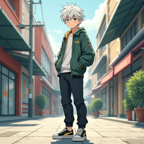 A 16-year-old boy with white hair wearing long-sleeved clothes with puma sneakers with black pants in 2D anime style jeans