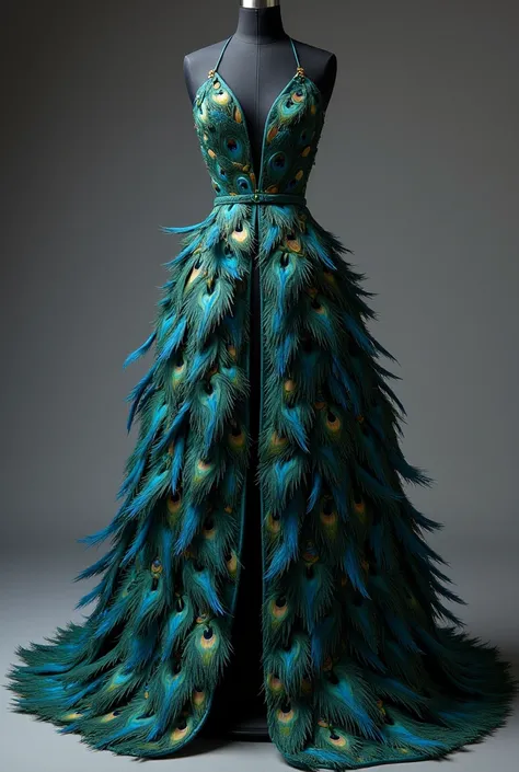 create a long, elegant and stylish dress inspired in a peacock, with feathers details and a slit on the leg.