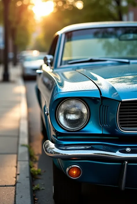 The front of a classic blue 1960s Ford Mustang parked at a 90-degree angle next to the sidewalk in the morning sunlight. Bullet holes in the glass. The viewing angle is from bottom to top. Closeup. Drizzle