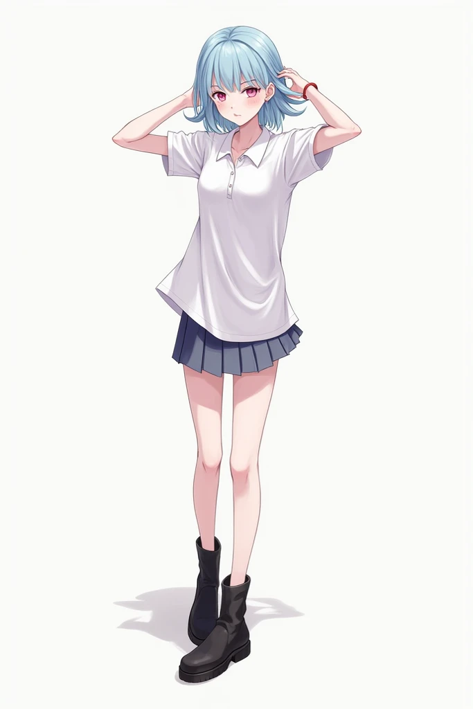  The slender anime-style girl is standing ,  with her hips slightly tilted to one side.  One arm is raised ,  touching her light blue hair ,  while the other one rests on her side . His gaze is intense,  with pink eyes fixed forward ,  and her mouth forms ...