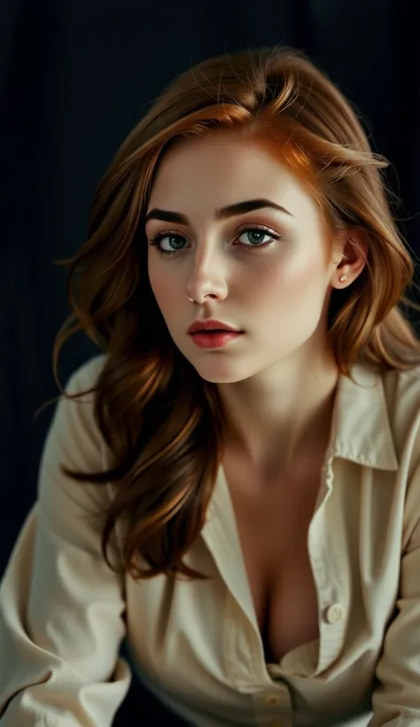 a photo of a seductive woman with loose styled redhead hair, posing in dark studio, she is wearing Button-up Shirt and Trousers, intricate details, goosebumps, flawless face, shy, prude, (light freckles:0.9), ((photorealistic):1.2), raw