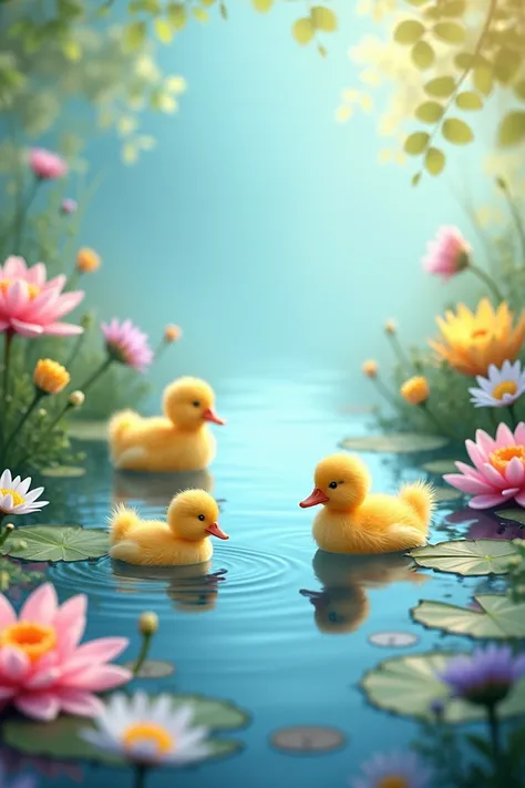 Une affiche artistique et apaisante représentant un étang entouré de fleurs colorées, avec des petits canards flottant paisiblement sur leau. Les fleurs, de différentes variétés (lys, marguerites, nénuphars), ajoutent des touches de rose, jaune, blanc et v...