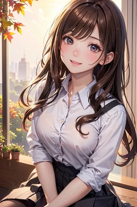 ( best quality, high definition ,8k,inelity detailed background, masterpieces:1.2), pretty girl,(Shiny brown hair:1.3),(long hair:1.2) ,long hair, messy hair,  beautiful brown eyes,autumn,school uniform,Cardigan,skirt,black tights,(zettairyoiki:1.2),Gentle...