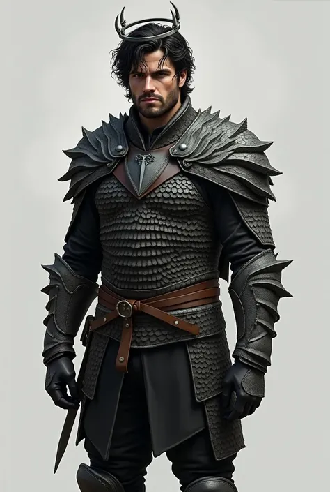 Jon Snow in a scaly shirt , knee braces, Gloves,  black pants knee pads and .  His crown is a simple steel hoop.