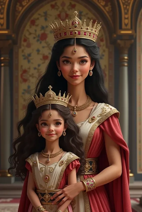 Make an image of a tall black-haired mom and her dark-brown curly-haired daughter, both wearing crowns. 