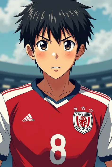 an anime photo of the character Yoichi Isagi wearing the Japan national team shirt 