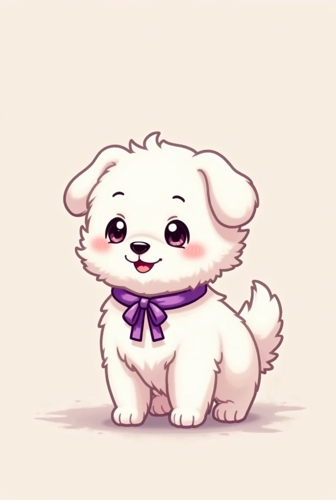 White Dog、Fluffy、 cute、 plush、Purple collar、Purple ribbon、Dropped ears、 anime style
