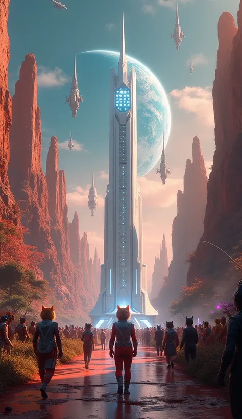 A vibrant, futuristic colony on Mars, bustling with activity. Humanoid cats walk alongside aliens on streets lined with advanced Martian buildings and glowing vegetation. A cat in a leadership uniform addresses a crowd of cats and aliens near a glowing mon...