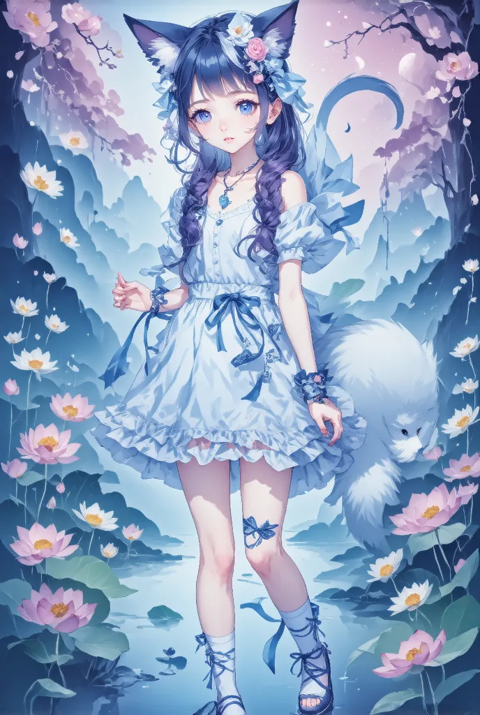 1girl, shoe底,  unique , pink_flower, tail, cexist_ear, animal_ear,  blue_eye, white_skirt, skirt, cexist_tail, flower, foot, vir...