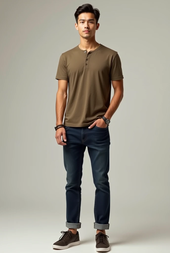 28 year old young man,  with dark blue jeans and dark brown sneakers with a semiformal shirt or t-shirt in the color that matches the rest,  full body , Add accessories on the arms  