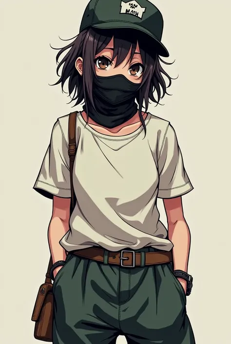 An anime tomboy girl, looks gangster, wear mask and hat, with messy hairstyle, wears baggy pants and T-shirt with almond eyes age 28