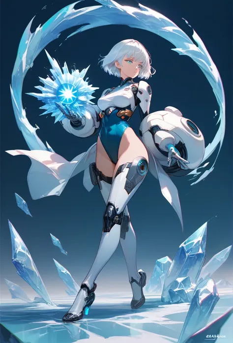 anime-style, futuristic android girl, short white hair, glowing cyan eyes, battle suit, high leg leotard of dark blue, dark blue, silver, cyan, white accents, energy gauntlets, full body, ice theme, simple background.