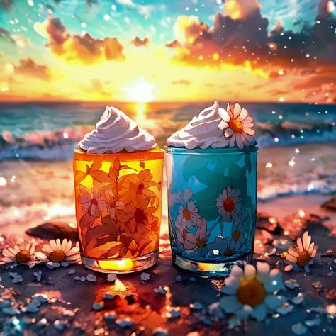 An Instagram post of chamomile sunscreen, beach landscape