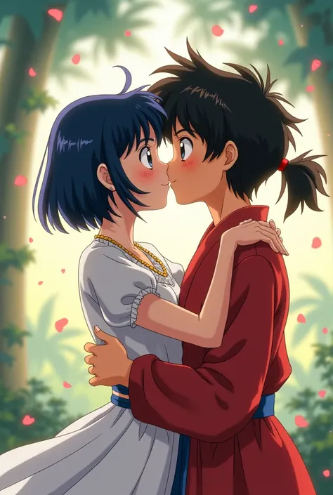 A woma Akane and  a man Ranma from an Anime name Ranma 1/2 kissing each other